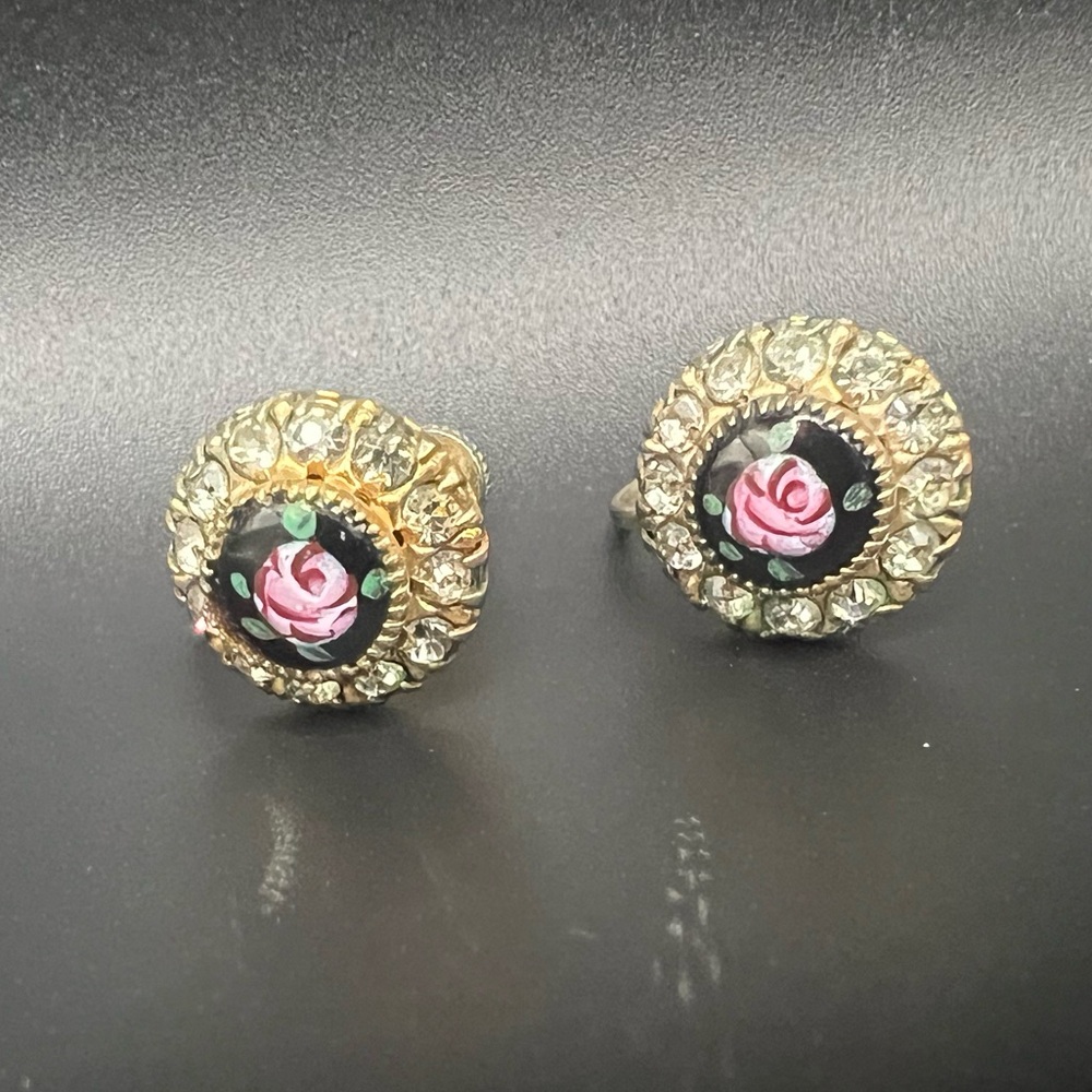 Vintage Vargas Signed Gold Tone, Rhinestone and Pink Floral Screw Back Earrings